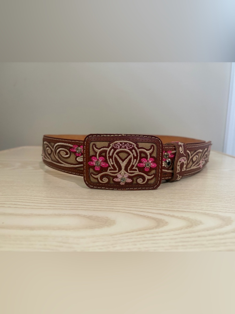 Embroidered Brown Leather Belt with Pink Floral Accents